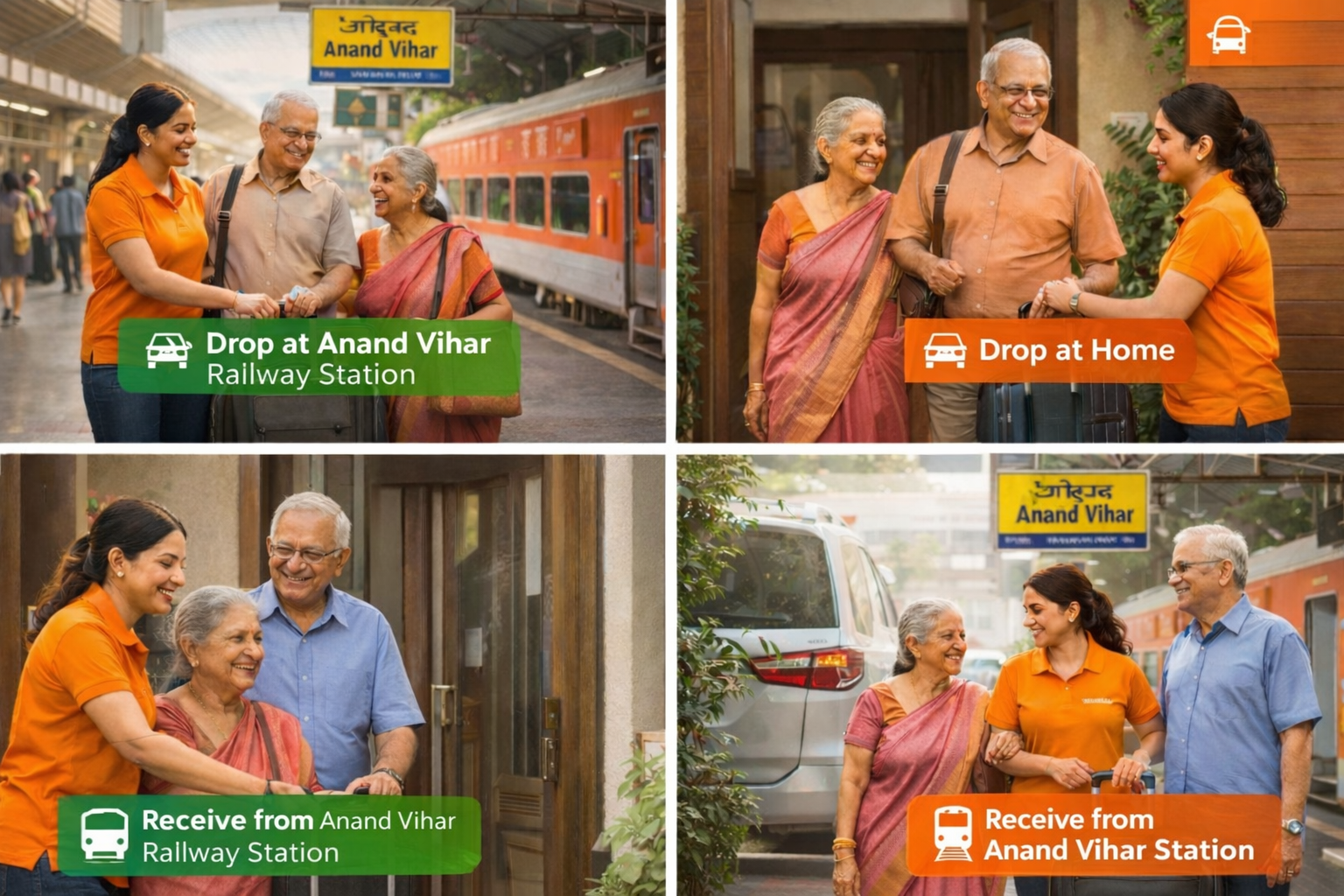 Caring companion assisting an elderly parent at railway station platform