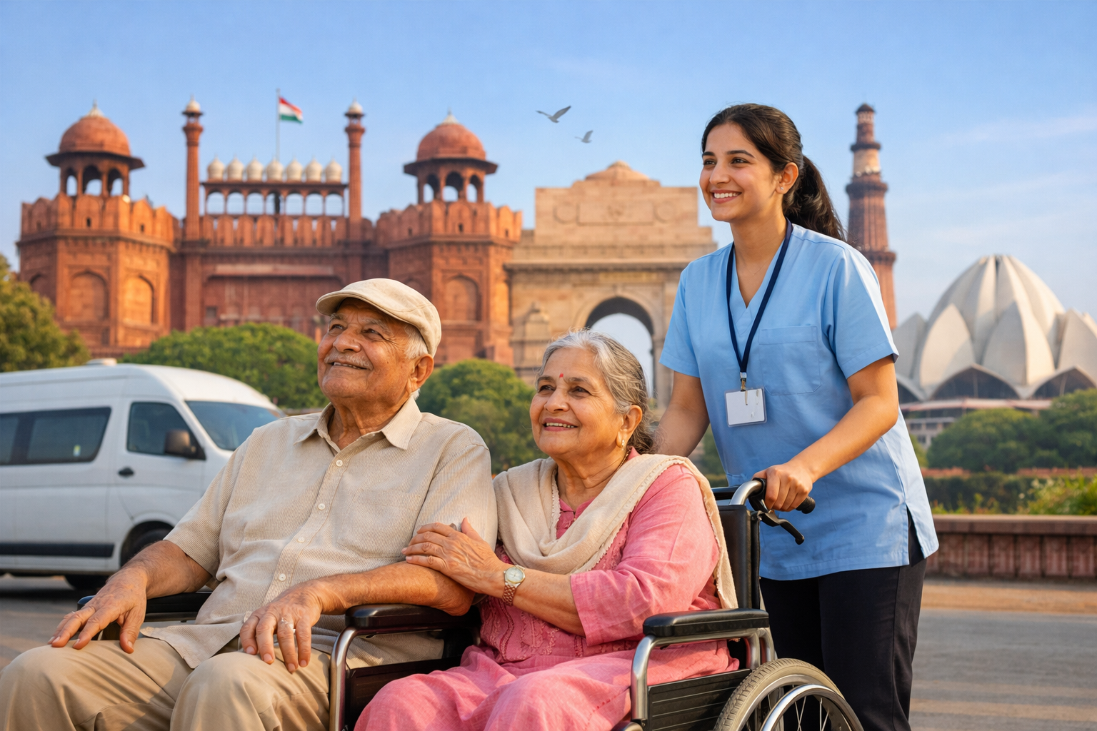Elderly parents enjoying Delhi tour with assistance
