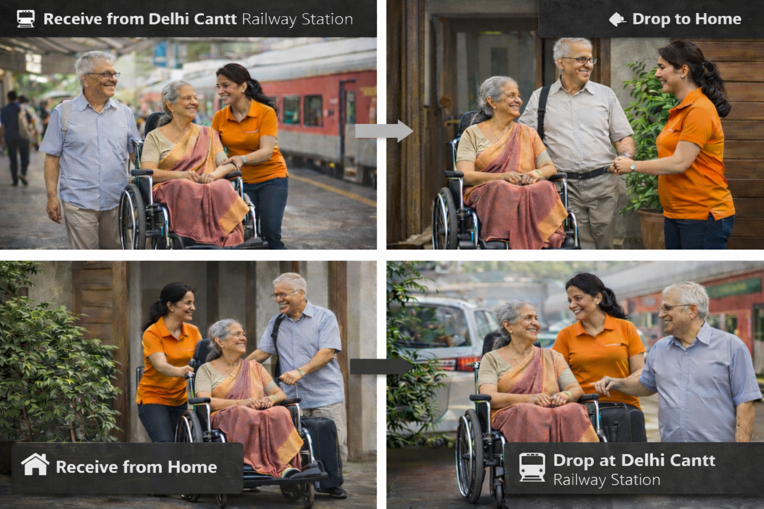 Care companion assisting an elderly parent at railway station