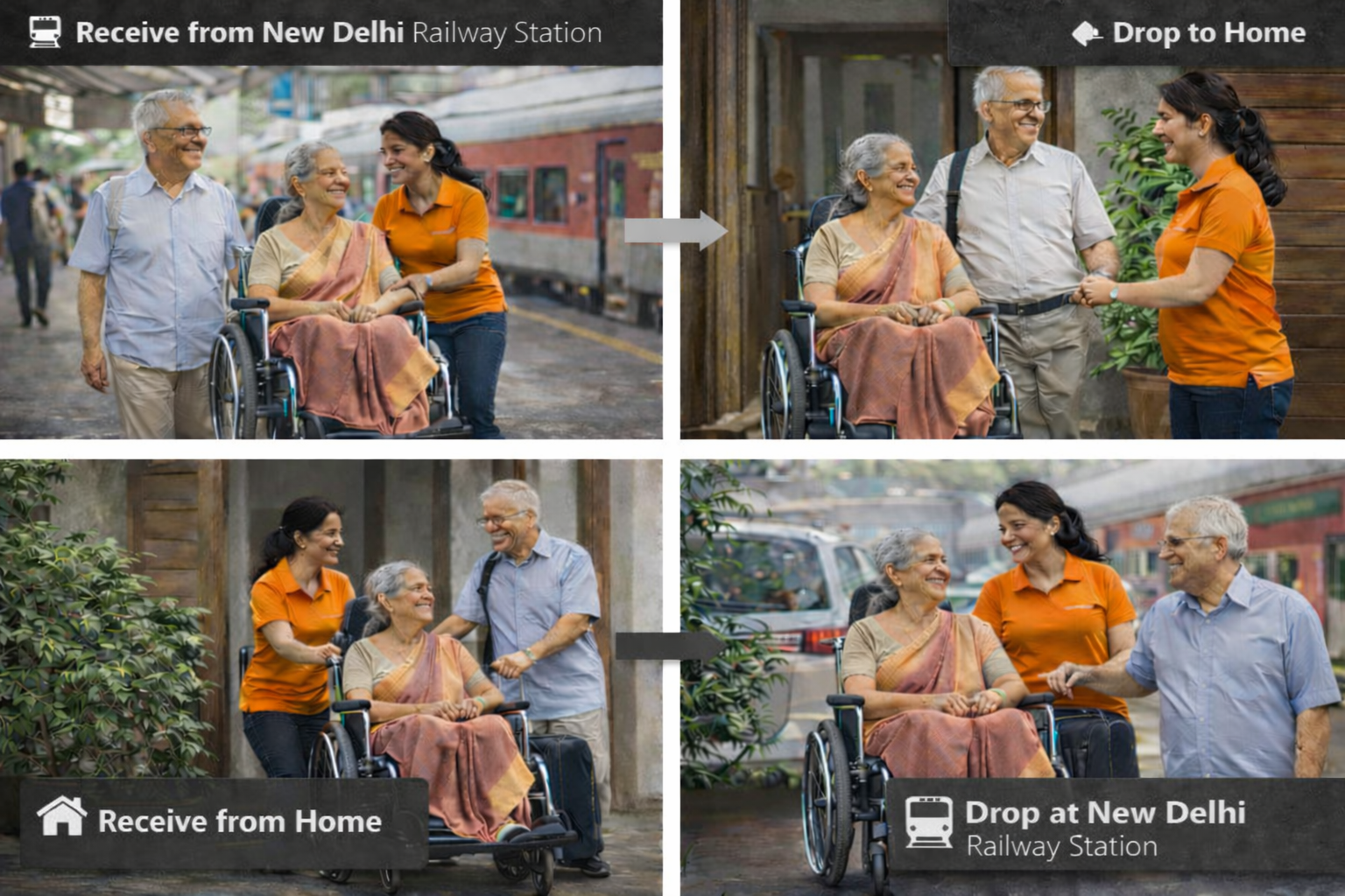 Care companion assisting an elderly parent at New Delhi Railway Station