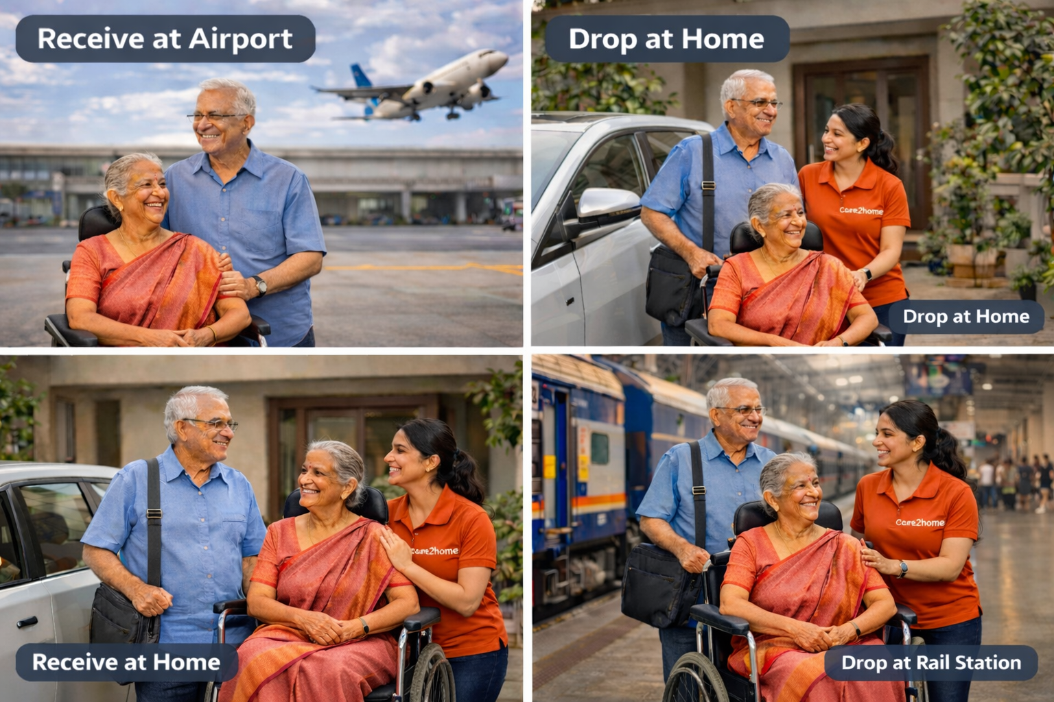 Care companion assisting elderly parent during travel